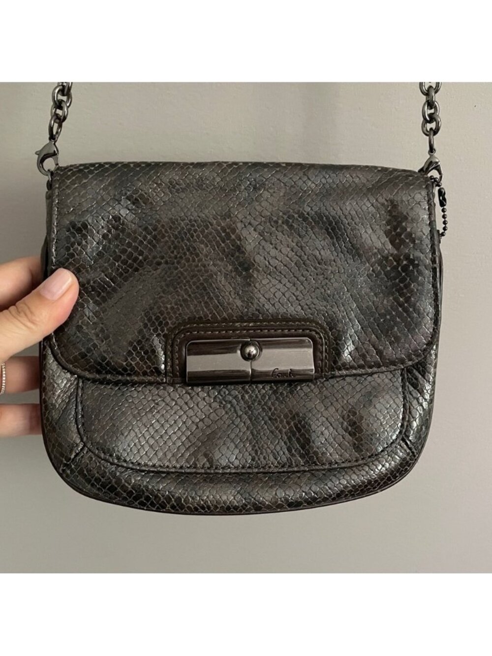 Vintage Coach Gray Kristin Snakeskin Print Leather Crossbody Bag - Small